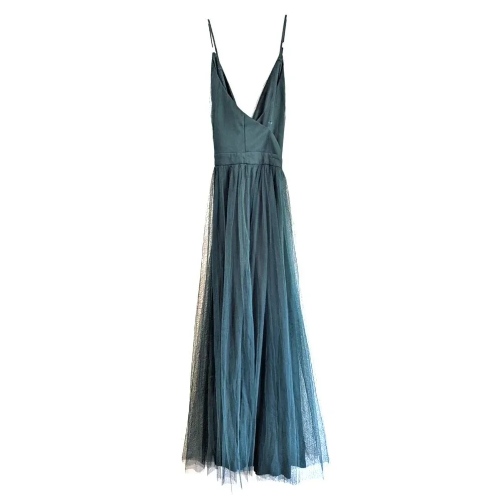 Lulus Rare Beauty Green Tulle Backless Full Length Size Large Adjustable Straps - Picture 6 of 10